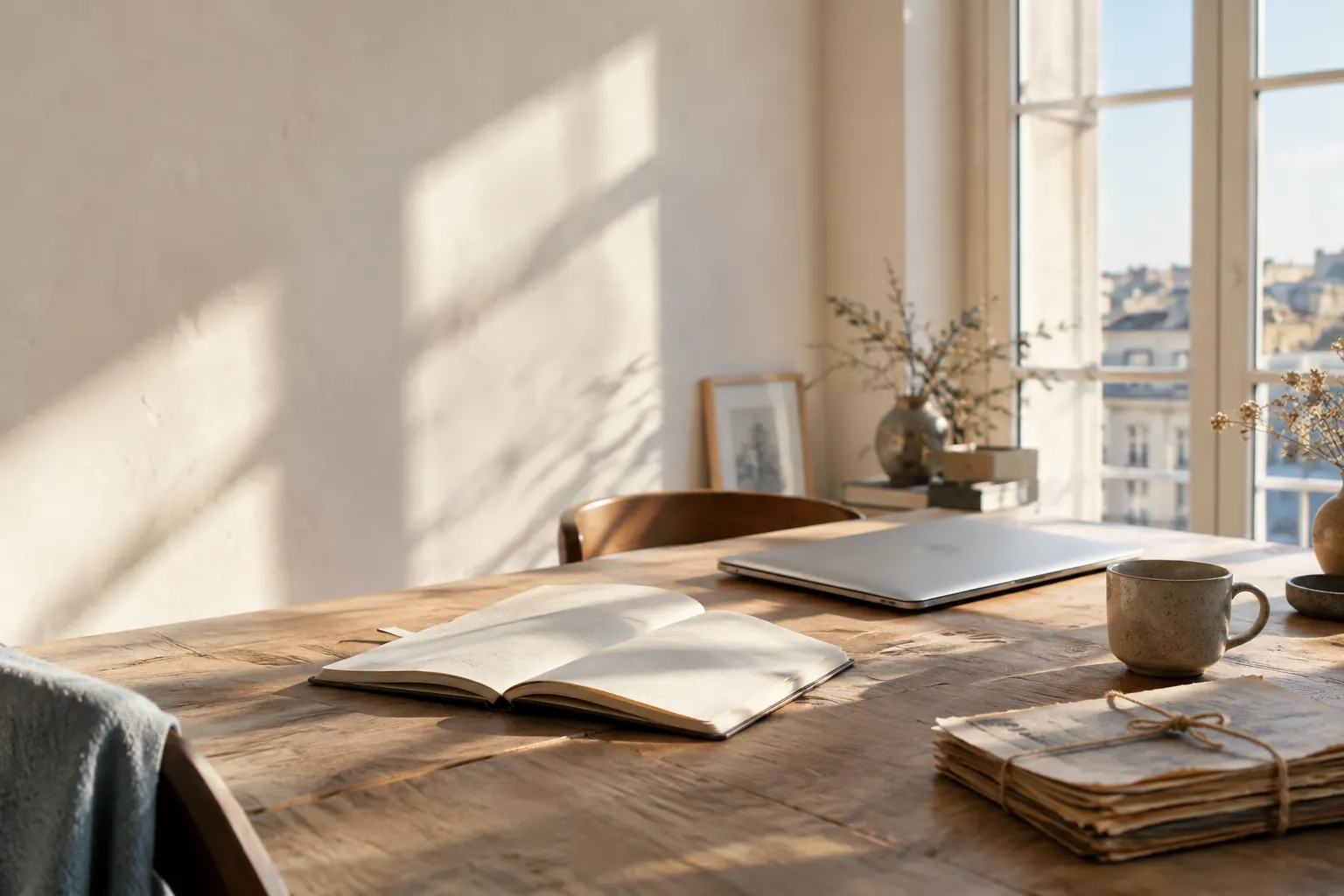 Bureau baigné de lumière matinale avec carnet ouvert, ordinateur fermé et archives imprimées