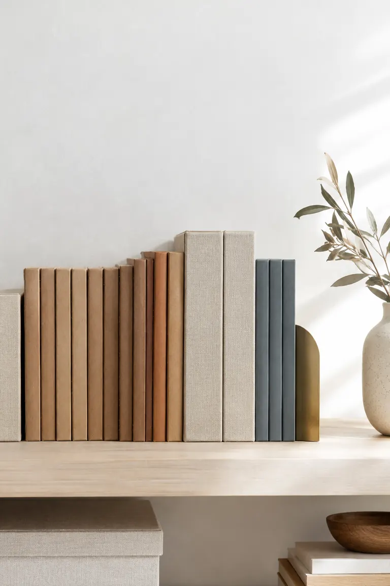 Étagère de carnets et boîtes d’archives rangés par ordre chronologique, lumière douce