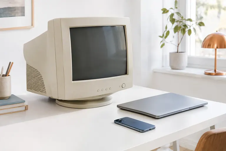Ancien écran éteint posé à côté d’un ordinateur portable moderne, symbole de l’évolution du SEO