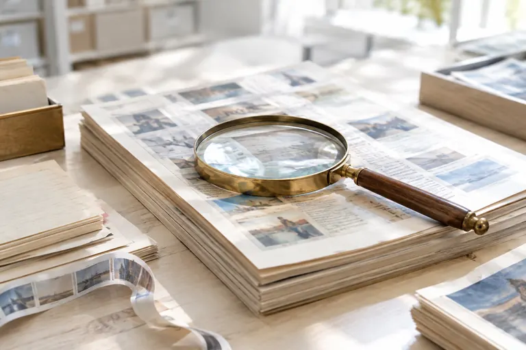 Loupe posée sur des archives imprimées pour retracer l’historique d’un nom de domaine