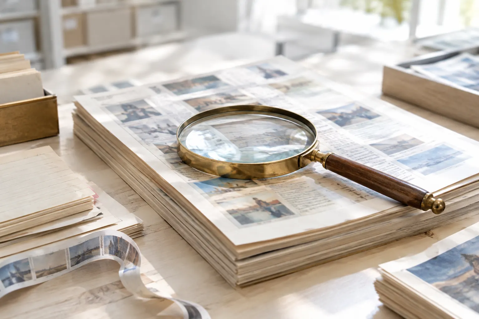 Loupe posée sur des archives imprimées pour connaître l’historique d’un nom de domaine